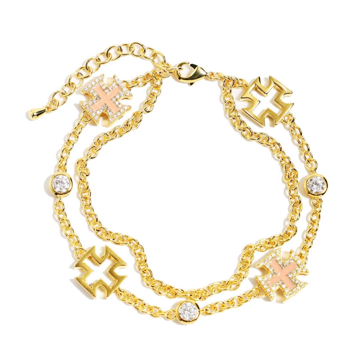 Pink Agate Motif Double Layer Rolo Gemstone Bracelet
