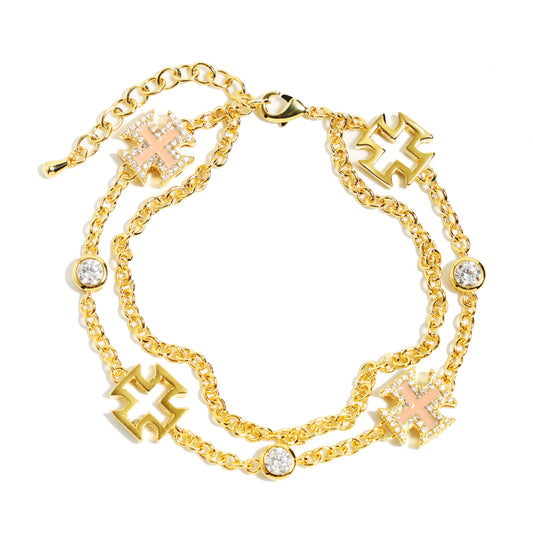Pink Agate Motif Double Layer Rolo Gemstone Bracelet