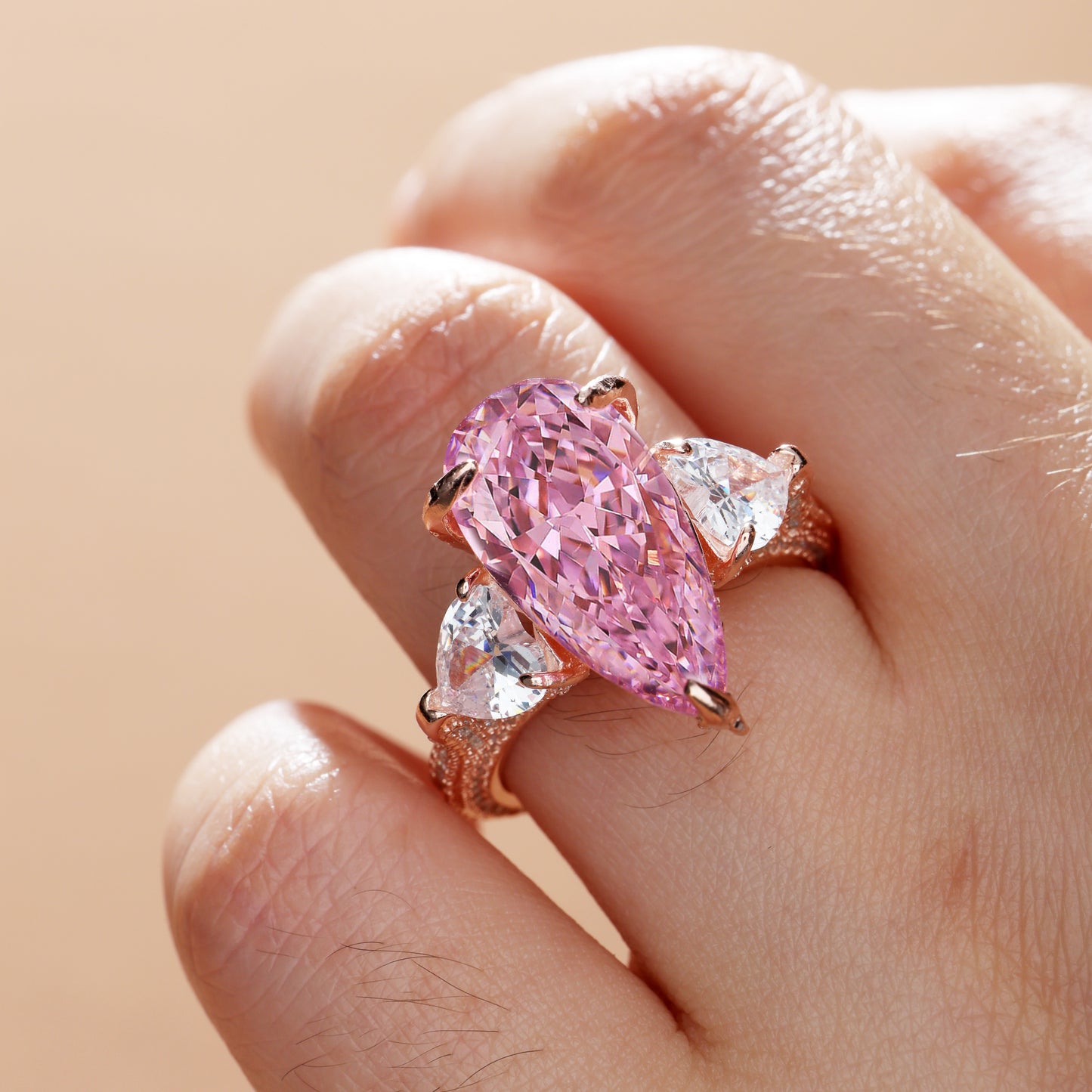 Gorgeous Pear Cut Pink Sapphire Three Stone Engagement Ring