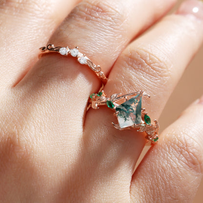 Kite Cut Moss Agate Bridal Ring Set Nature Inspired Leaf Ring Set