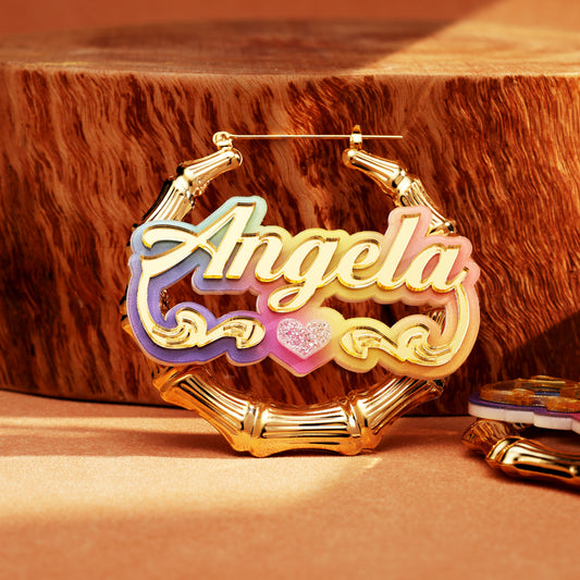Personalized Colorful Bamboo Hoop Earrings with Custom Name