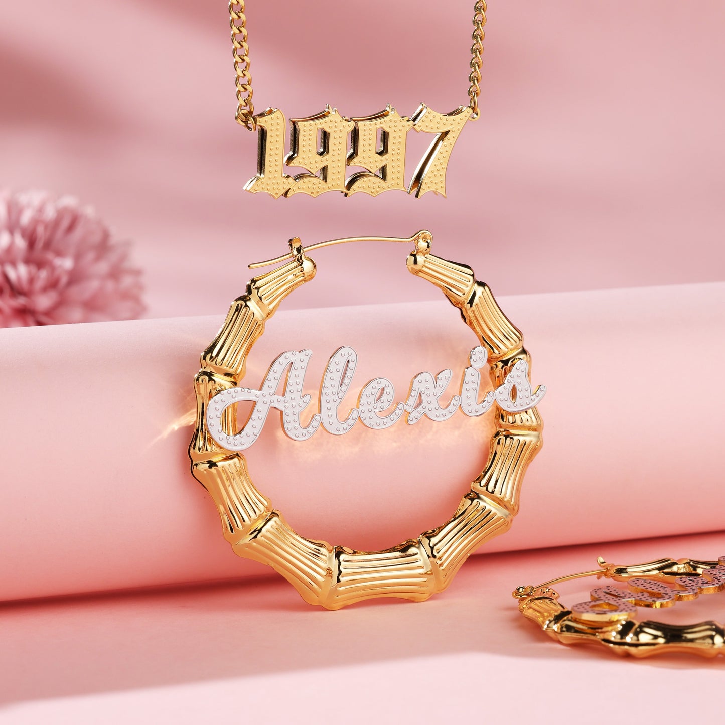 Custom Name Necklace and Bamboo Earrings  Kids Jewelry Set