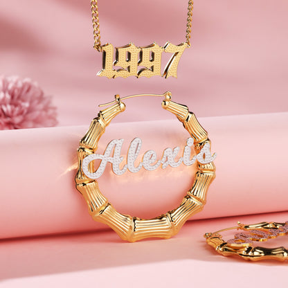 Custom Name Necklace and Bamboo Earrings  Kids Jewelry Set