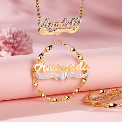 Custom Kids Name Necklace and Bamboo Earrings Set