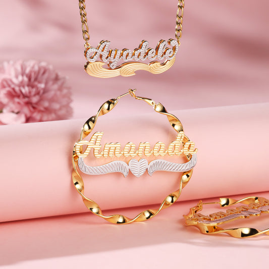 Custom Kids Name Necklace and Bamboo Earrings Set