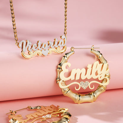 Double Plated Name Necklace and Heart Earrings  Kids Jewelry Set