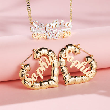 Custom Name Necklace and Heart Shape Earrings Kids Set