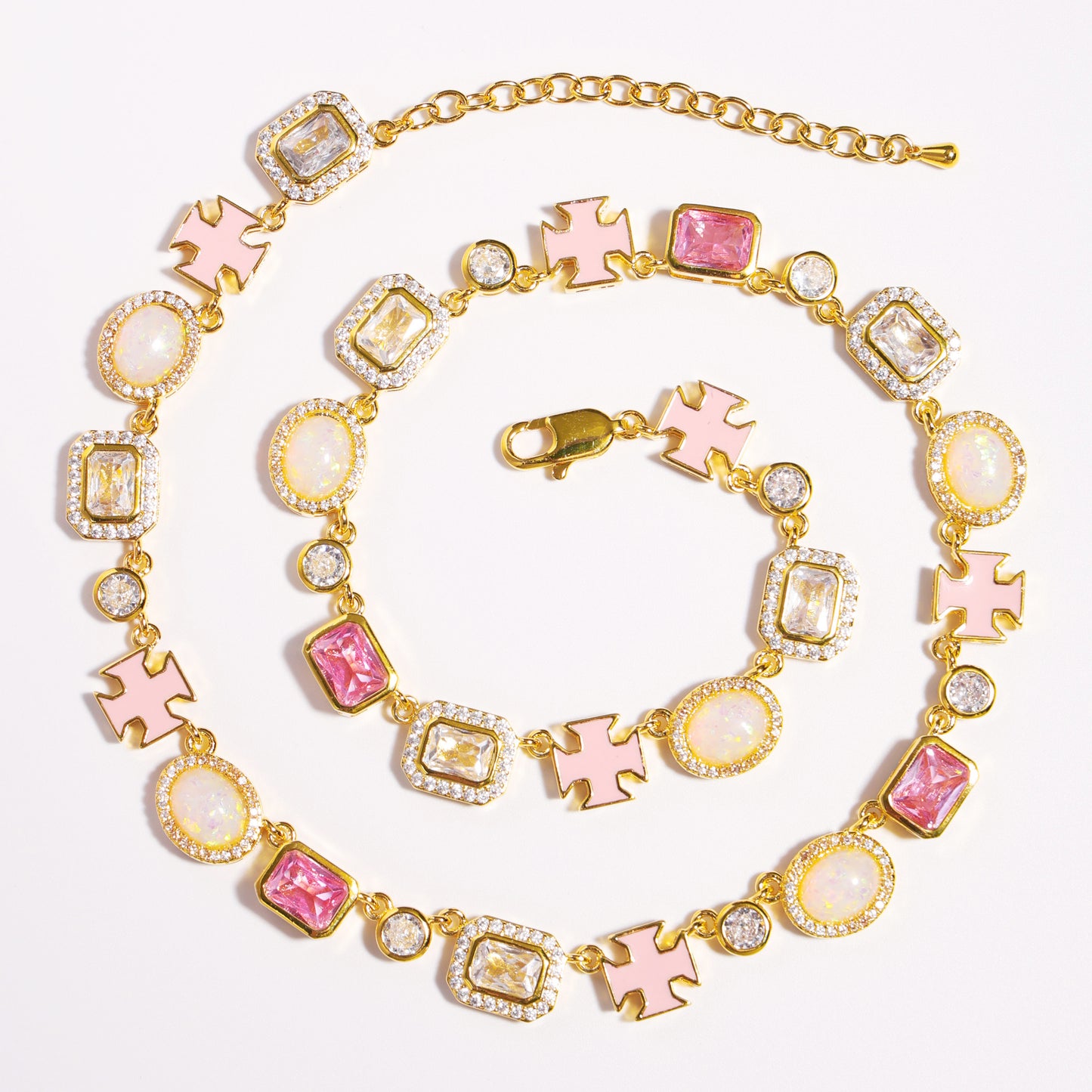 Millennial Pink Gemstone Chain Set (Unisex Necklace ＆ Bracelet)