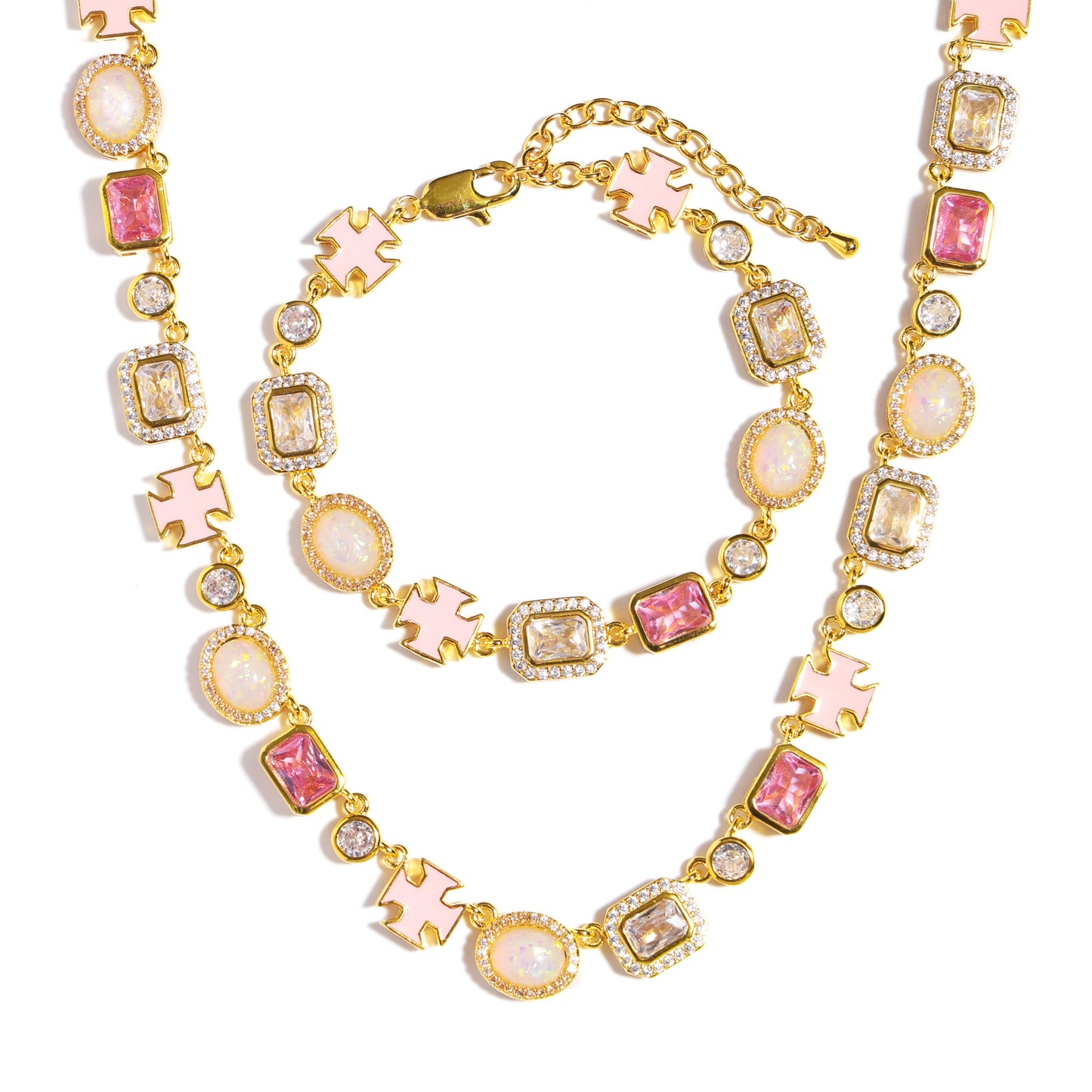 Millennial Pink Gemstone Chain Set (Unisex Necklace ＆ Bracelet)