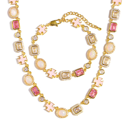 Millennial Pink Gemstone Chain Set (Unisex Necklace ＆ Bracelet)
