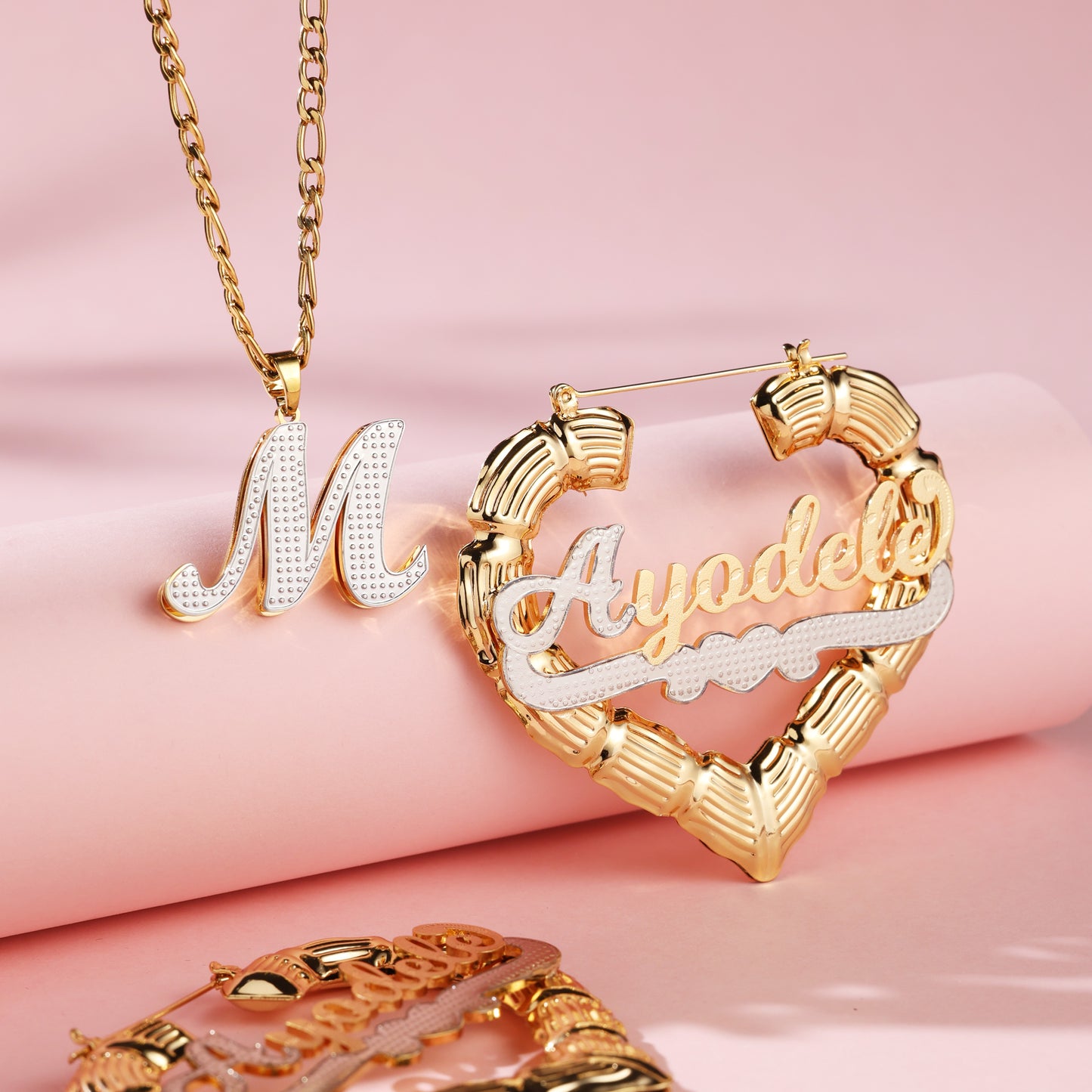 Custom Initial Necklace and Bamboo Name Earrings  Kids Set