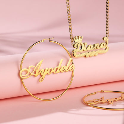 Gold Plated Name Necklace and Hoop Earrings  Kids Set