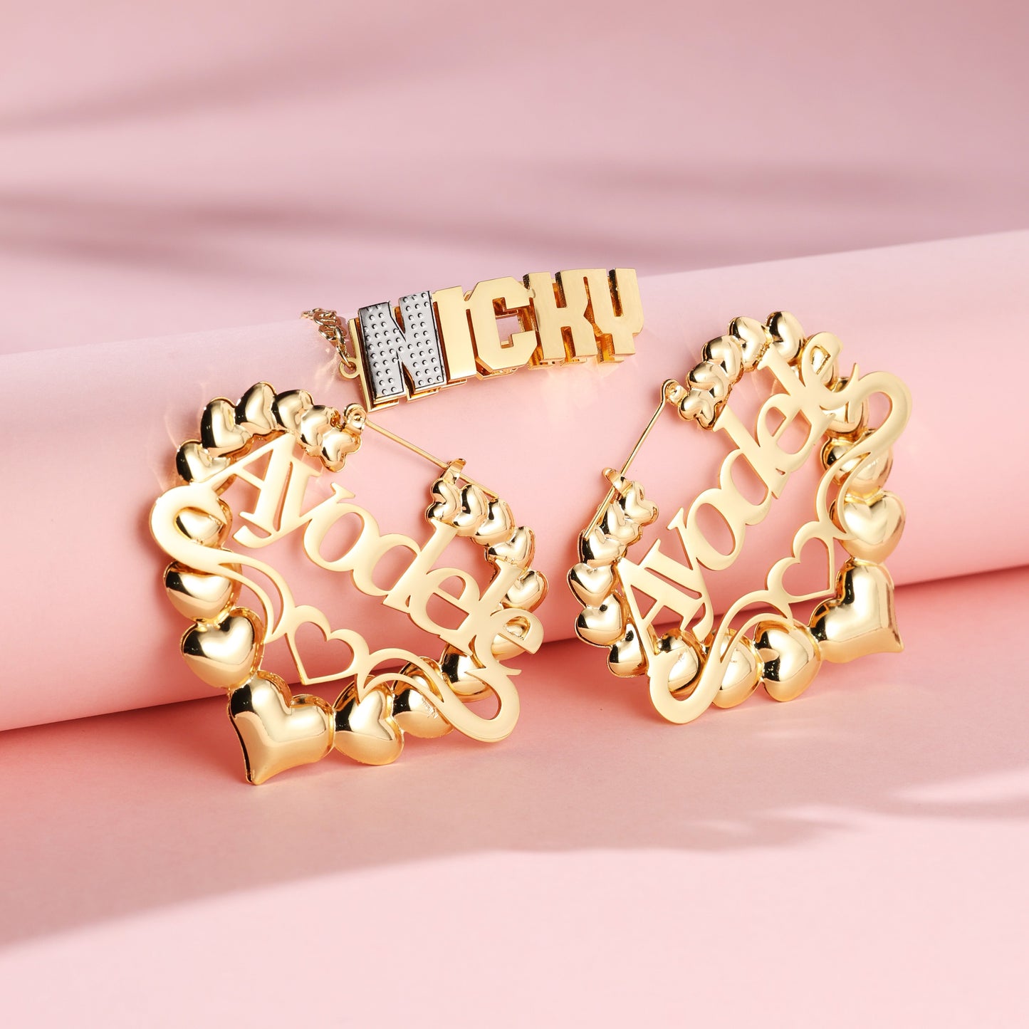 Custom Kids Name Bracelet and Heart Earrings Set