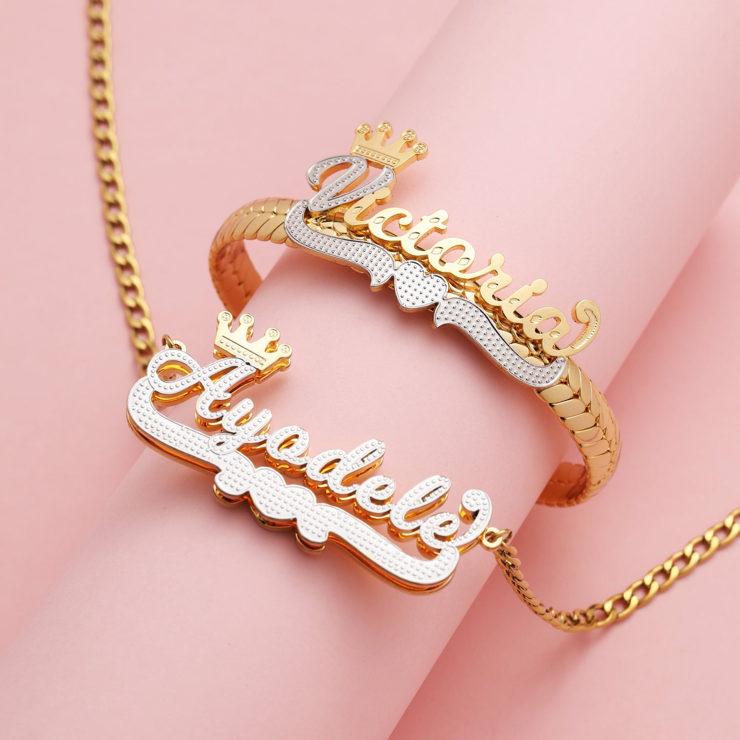 Kids Two-tone Bracelet and Name Necklace Jewelry Set