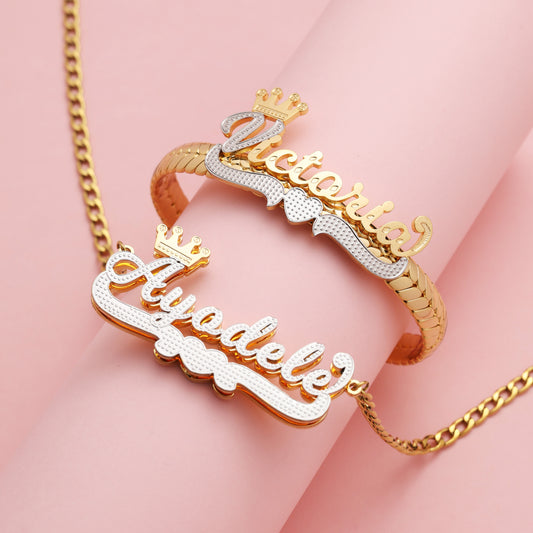 Kids Two-tone Bracelet and Name Necklace Jewelry Set