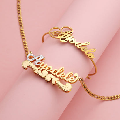 Custom Name Necklace and Gold Bangle Kids Jewelry Set