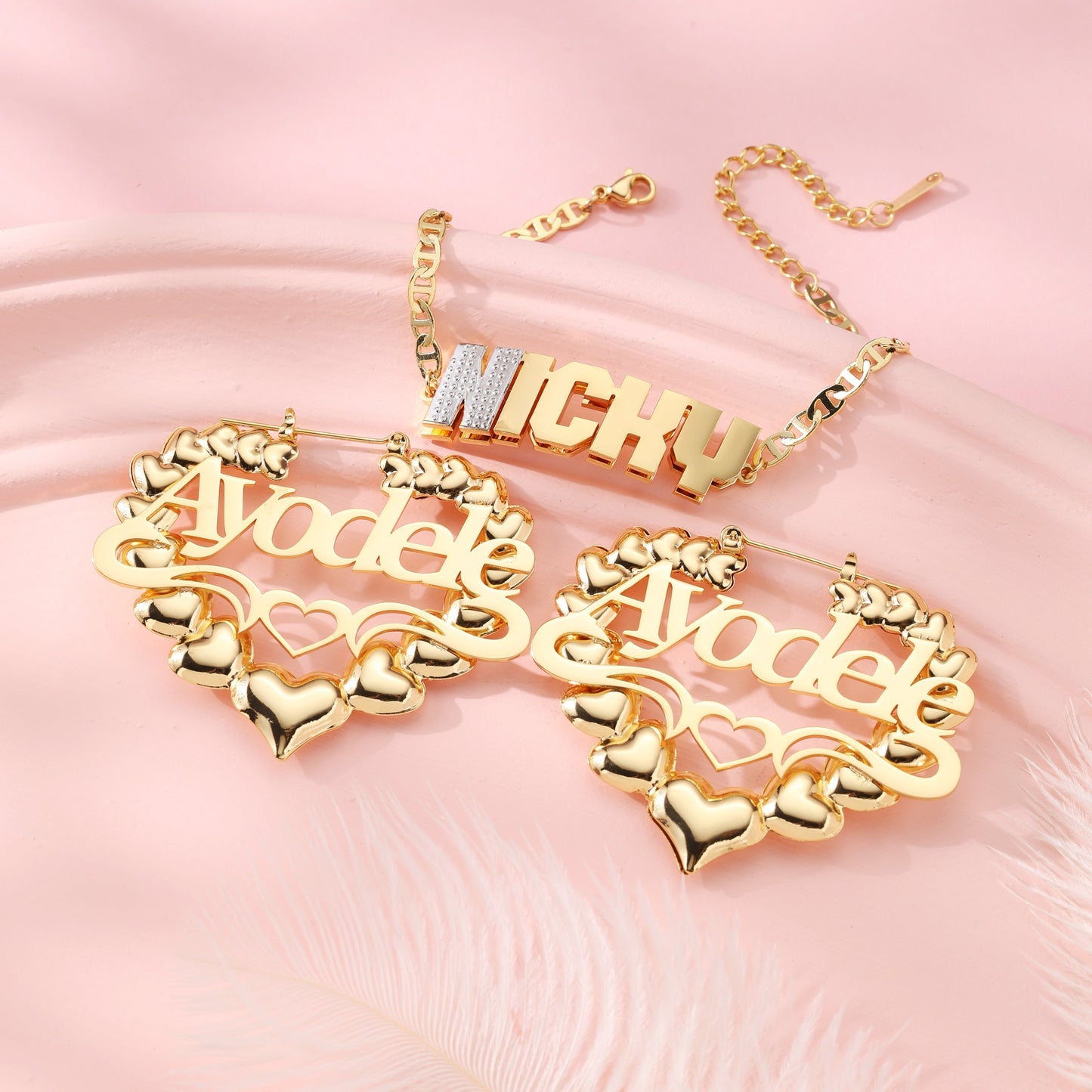 Custom Kids Name Bracelet and Heart Earrings Set