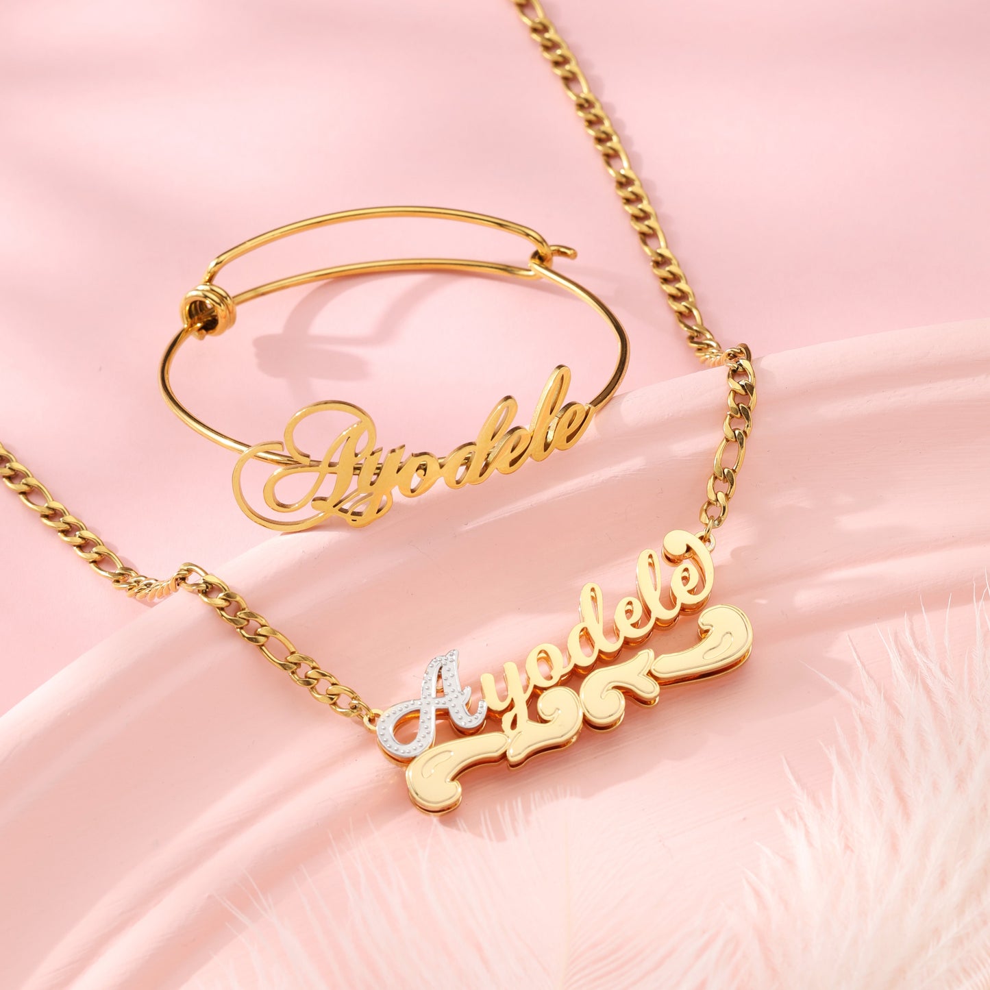 Custom Name Necklace and Gold Bangle Kids Jewelry Set