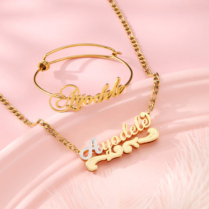 Custom Name Necklace and Gold Bangle Kids Jewelry Set