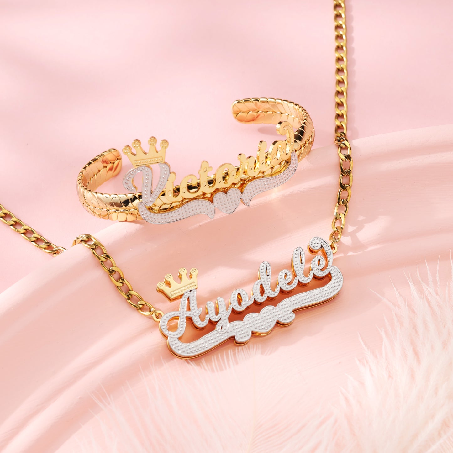 Kids Two-tone Bracelet and Name Necklace Jewelry Set
