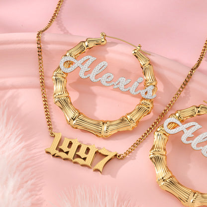 Custom Name Necklace and Bamboo Earrings  Kids Jewelry Set