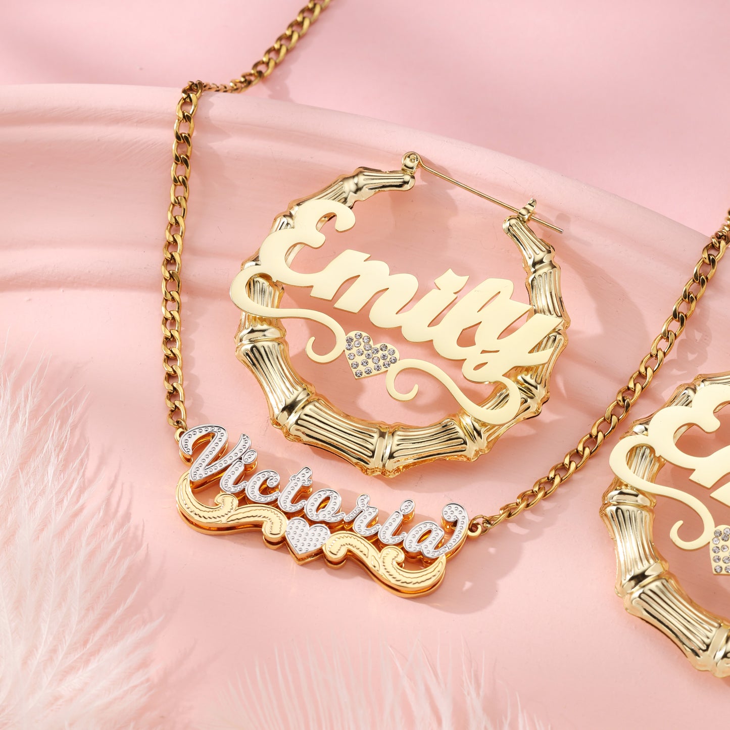 Double Plated Name Necklace and Heart Earrings  Kids Jewelry Set