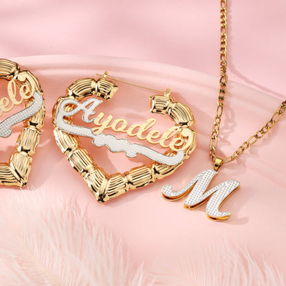 Custom Initial Necklace and Bamboo Name Earrings  Kids Set