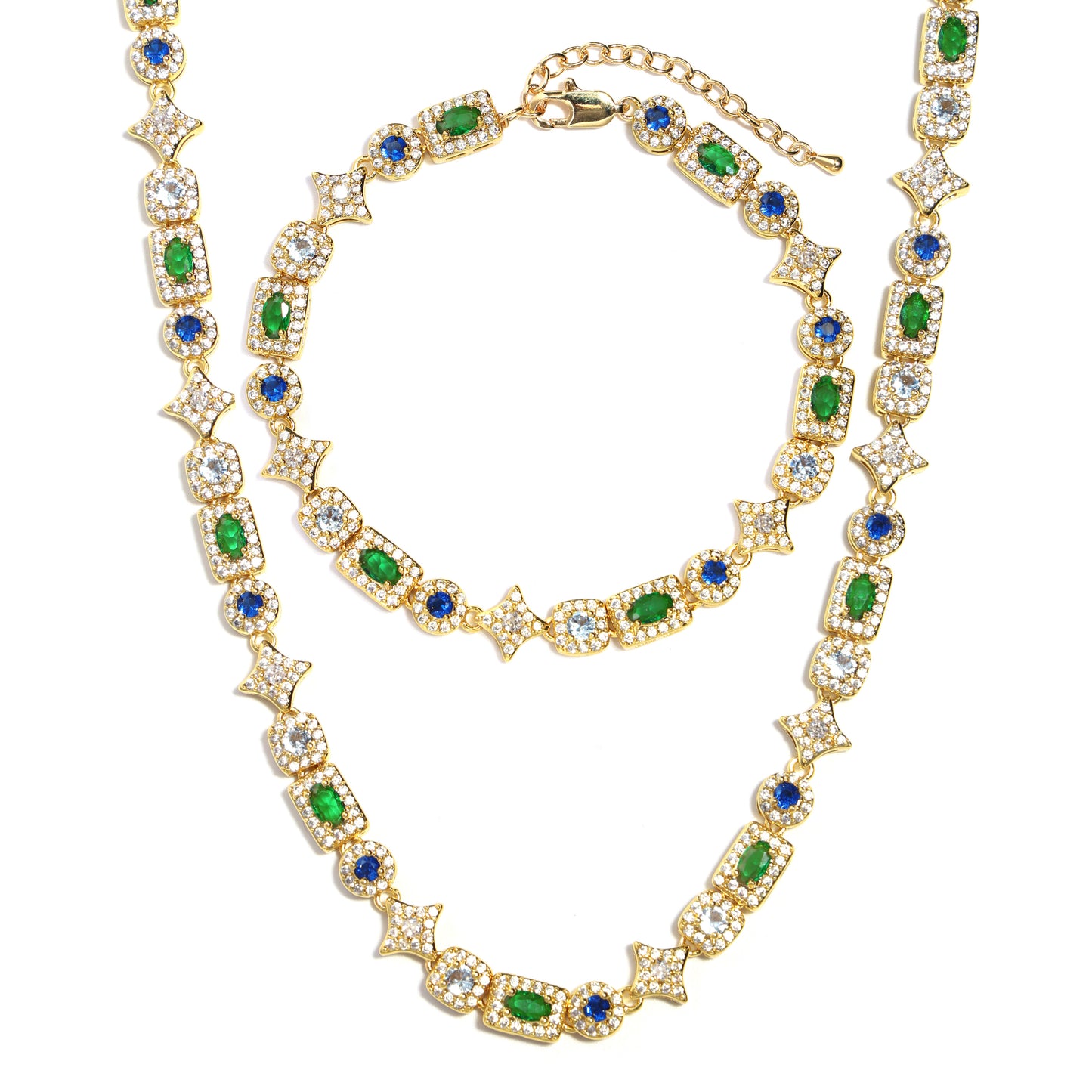 Geometric Colored Gemstone Set (Necklace＆ Bracelet)