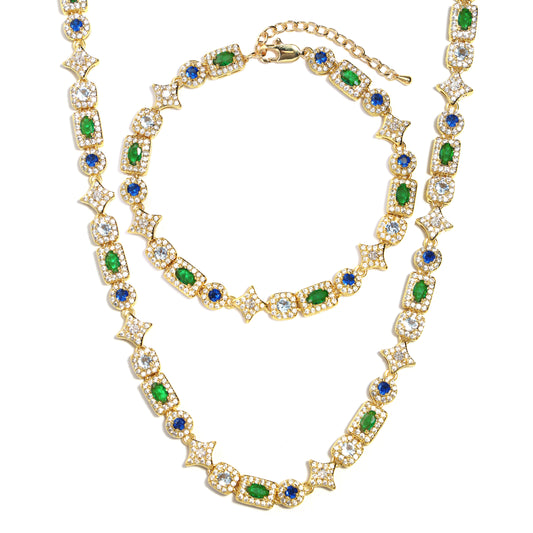 Geometric Colored Gemstone Set (Necklace＆ Bracelet)