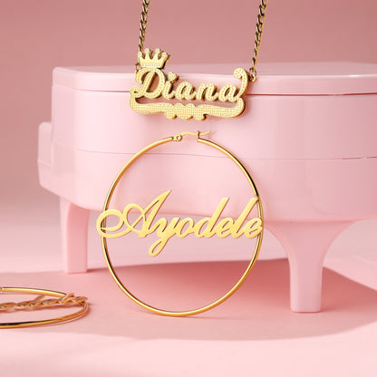 Gold Plated Name Necklace and Hoop Earrings  Kids Set
