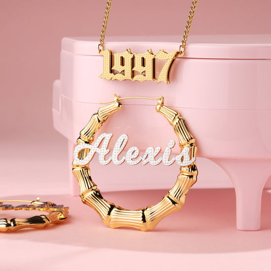 Custom Name Necklace and Bamboo Earrings  Kids Jewelry Set