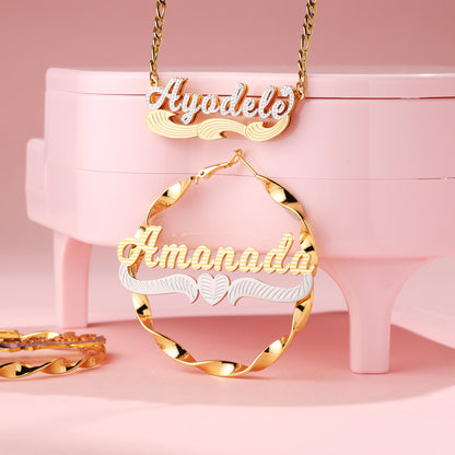 Custom Kids Name Necklace and Bamboo Earrings Set