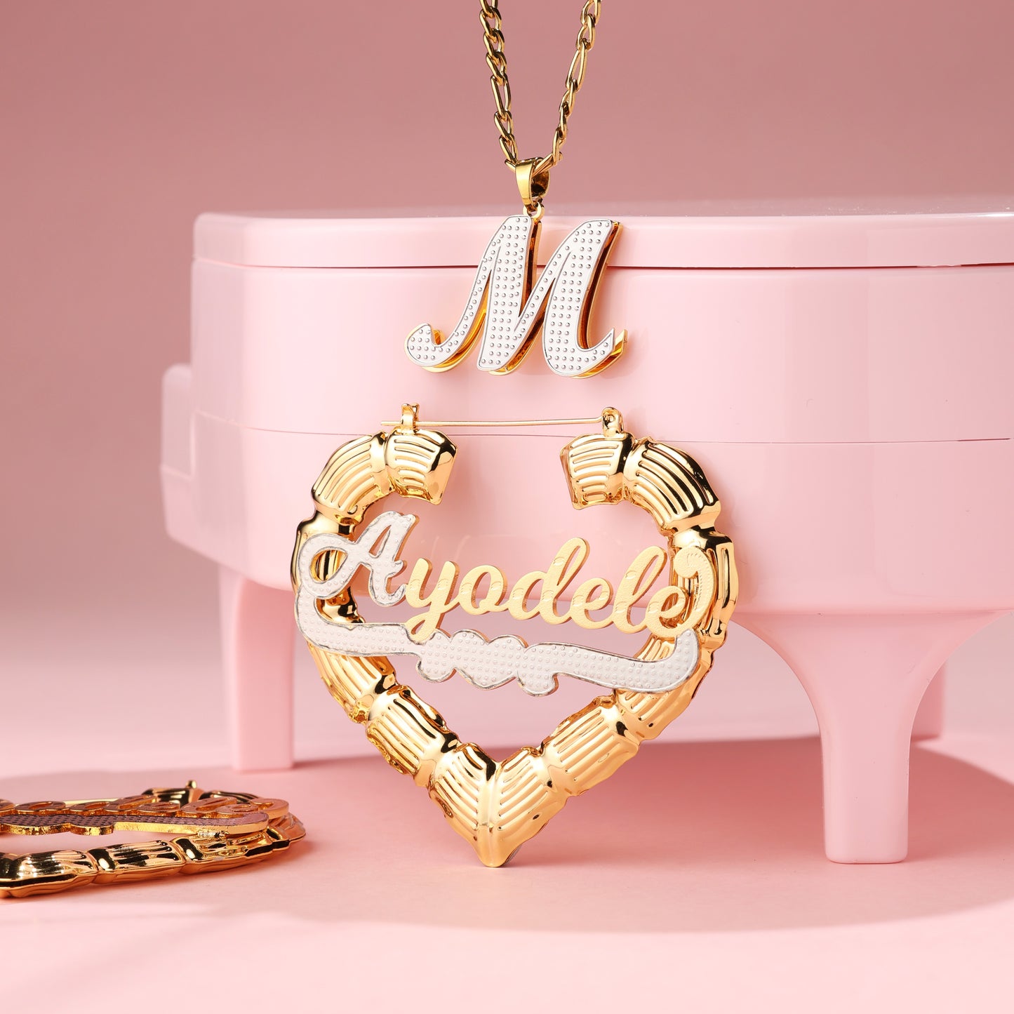 Custom Initial Necklace and Bamboo Name Earrings  Kids Set