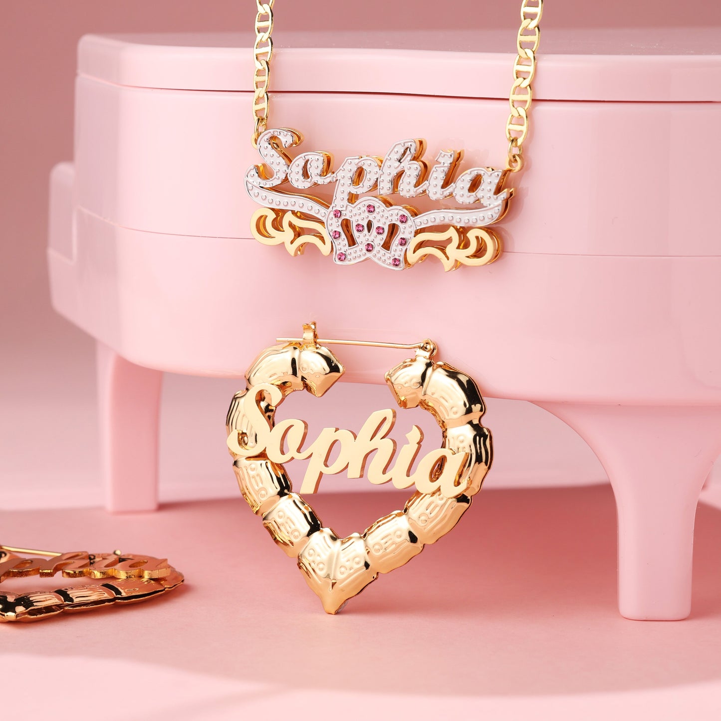 Custom Name Necklace and Heart Shape Earrings Kids Set