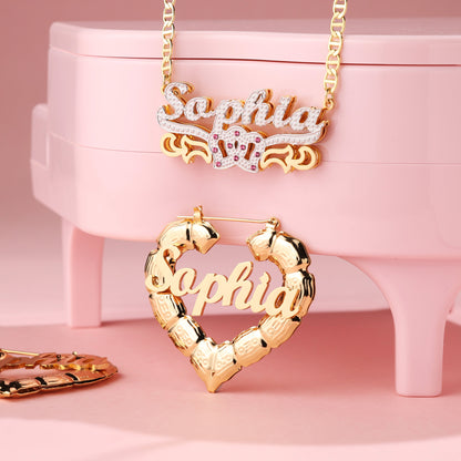Custom Name Necklace and Heart Shape Earrings Kids Set