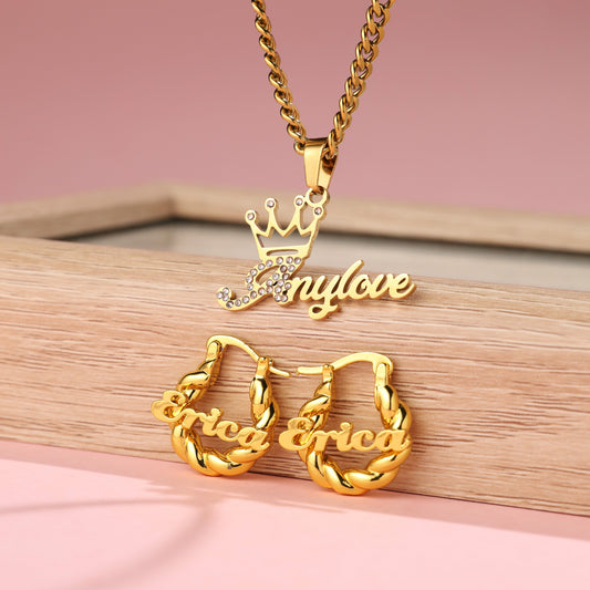 Kids Name Necklace and Hoop Earrings Set