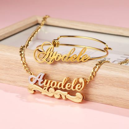 Custom Name Necklace and Gold Bangle Kids Jewelry Set