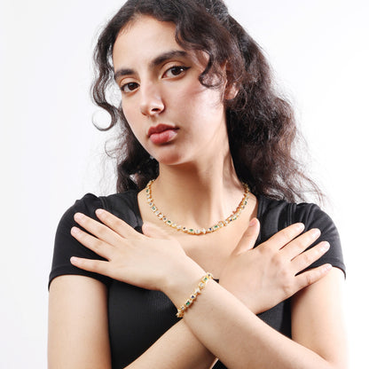 Geometric Colored Gemstone Set (Necklace＆ Bracelet)