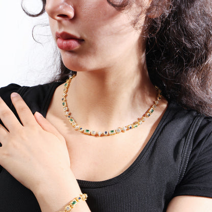 Geometric Colored Gemstone Set (Necklace＆ Bracelet)