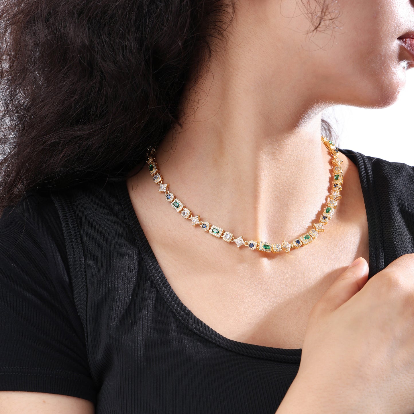 Geometric Colored Gemstone Set (Necklace＆ Bracelet)