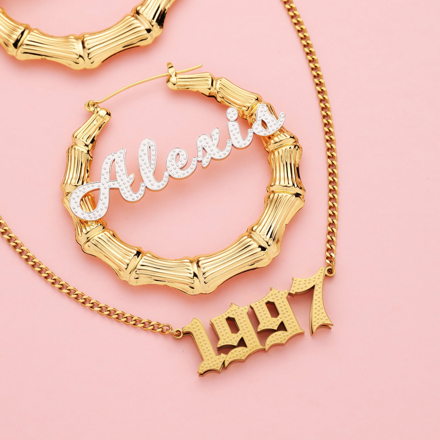 Custom Name Necklace and Bamboo Earrings  Kids Jewelry Set