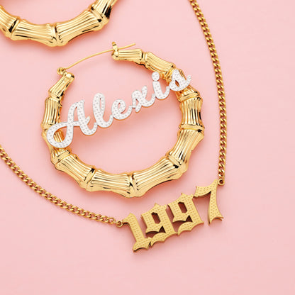 Custom Name Necklace and Bamboo Earrings  Kids Jewelry Set