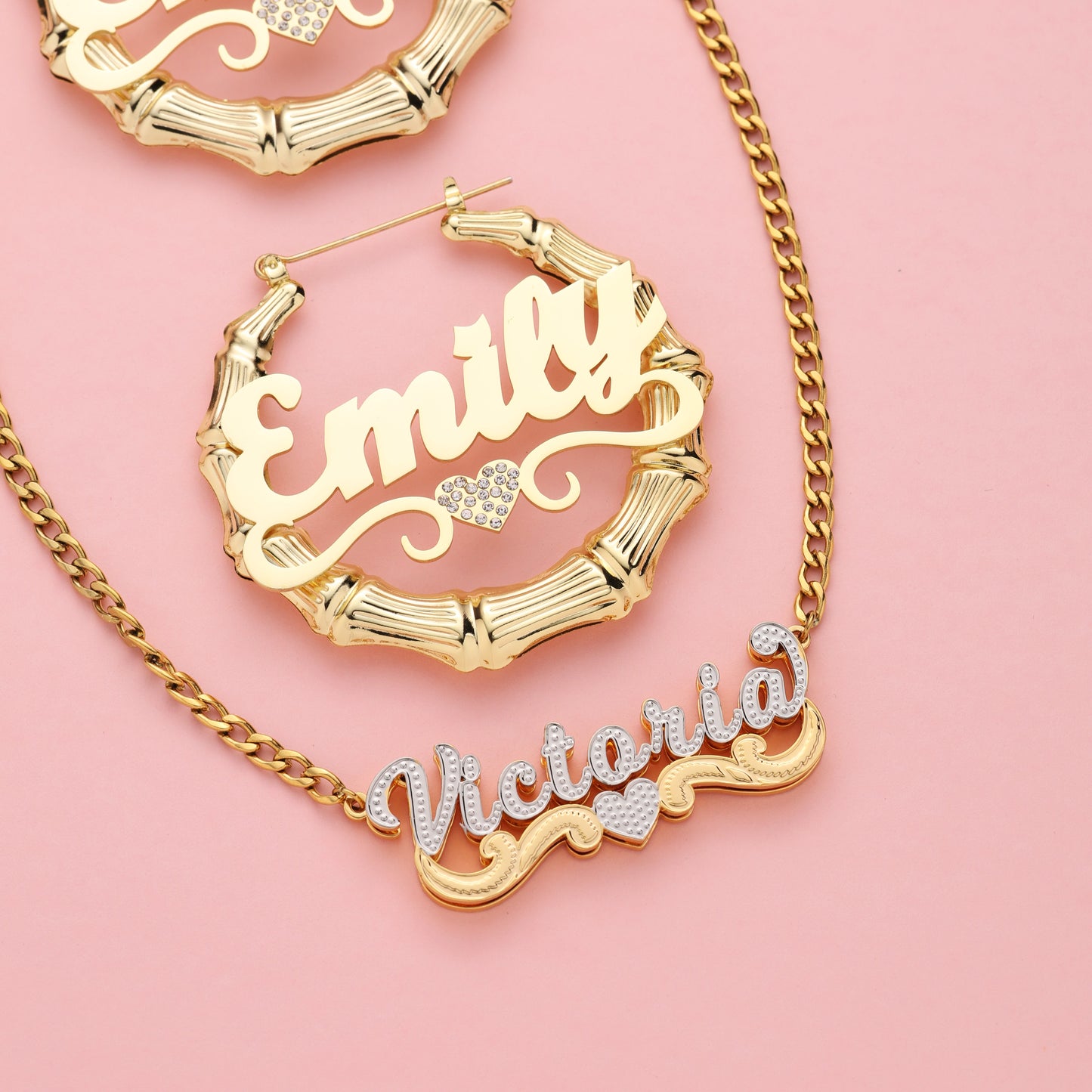 Double Plated Name Necklace and Heart Earrings  Kids Jewelry Set