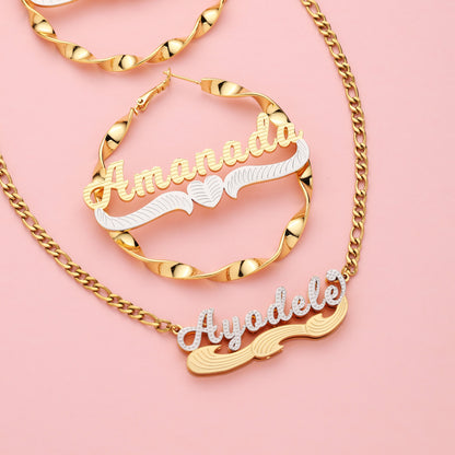 Custom Kids Name Necklace and Bamboo Earrings Set