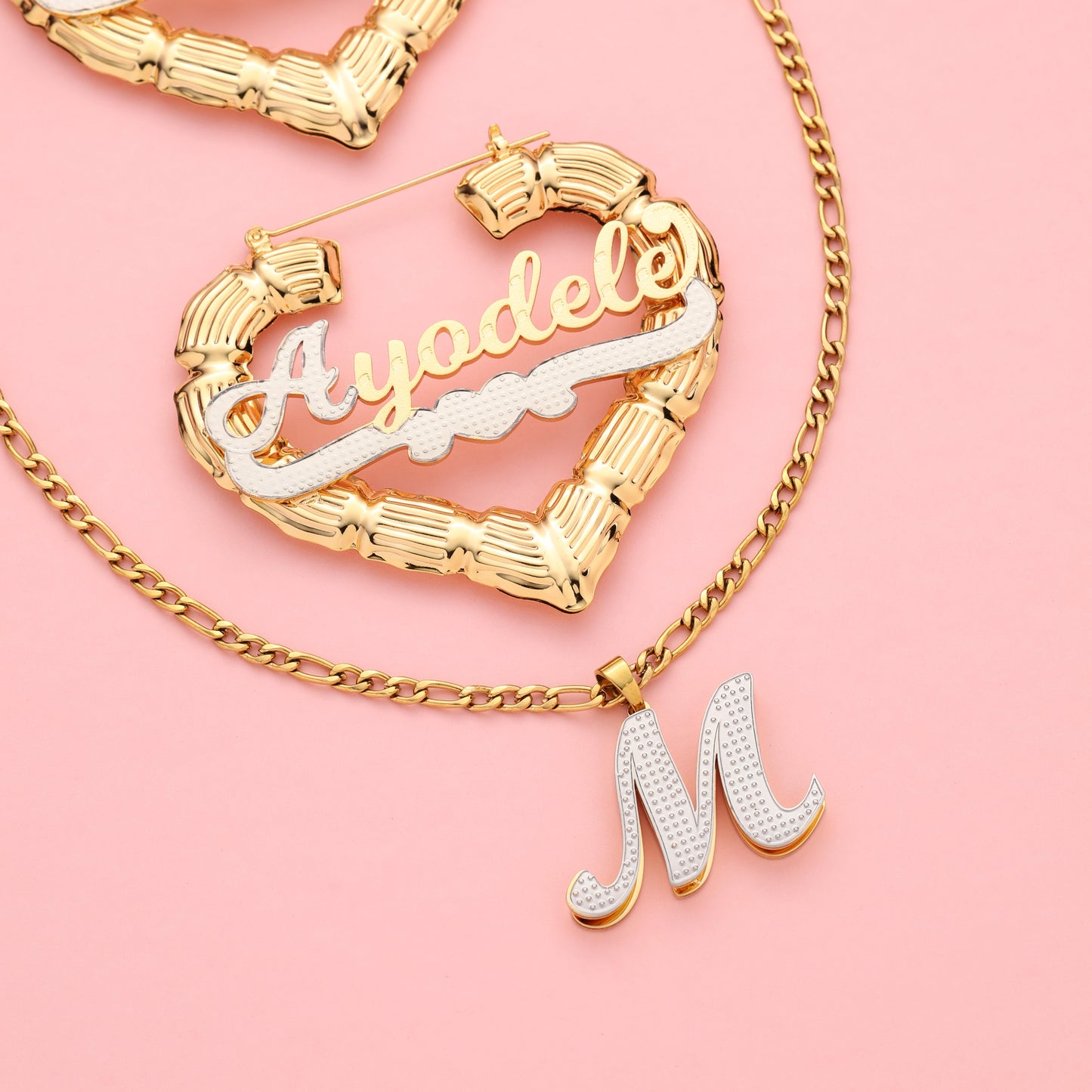 Custom Initial Necklace and Bamboo Name Earrings  Kids Set