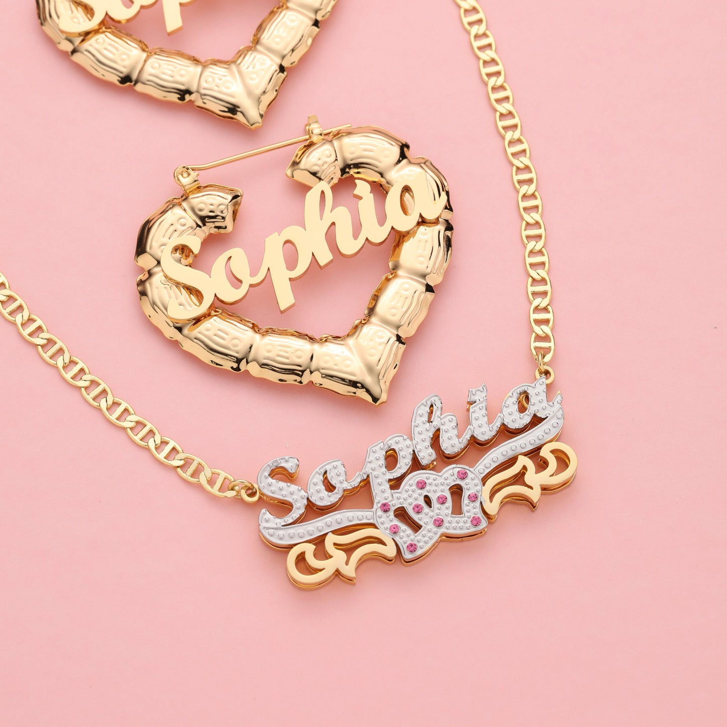 Custom Name Necklace and Heart Shape Earrings Kids Set