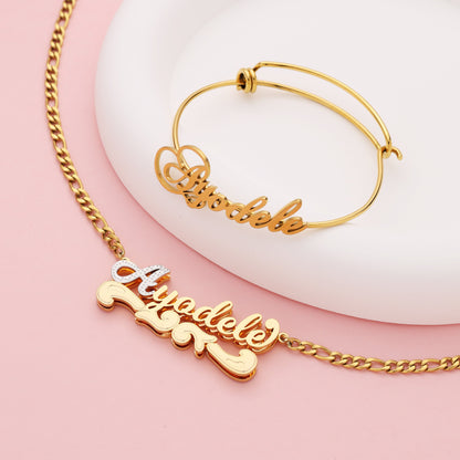 Custom Name Necklace and Gold Bangle Kids Jewelry Set