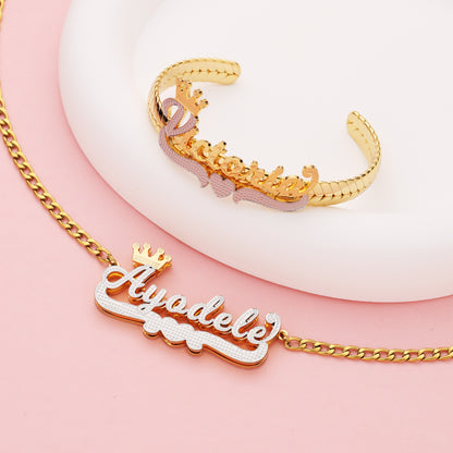 Kids Two-tone Bracelet and Name Necklace Jewelry Set