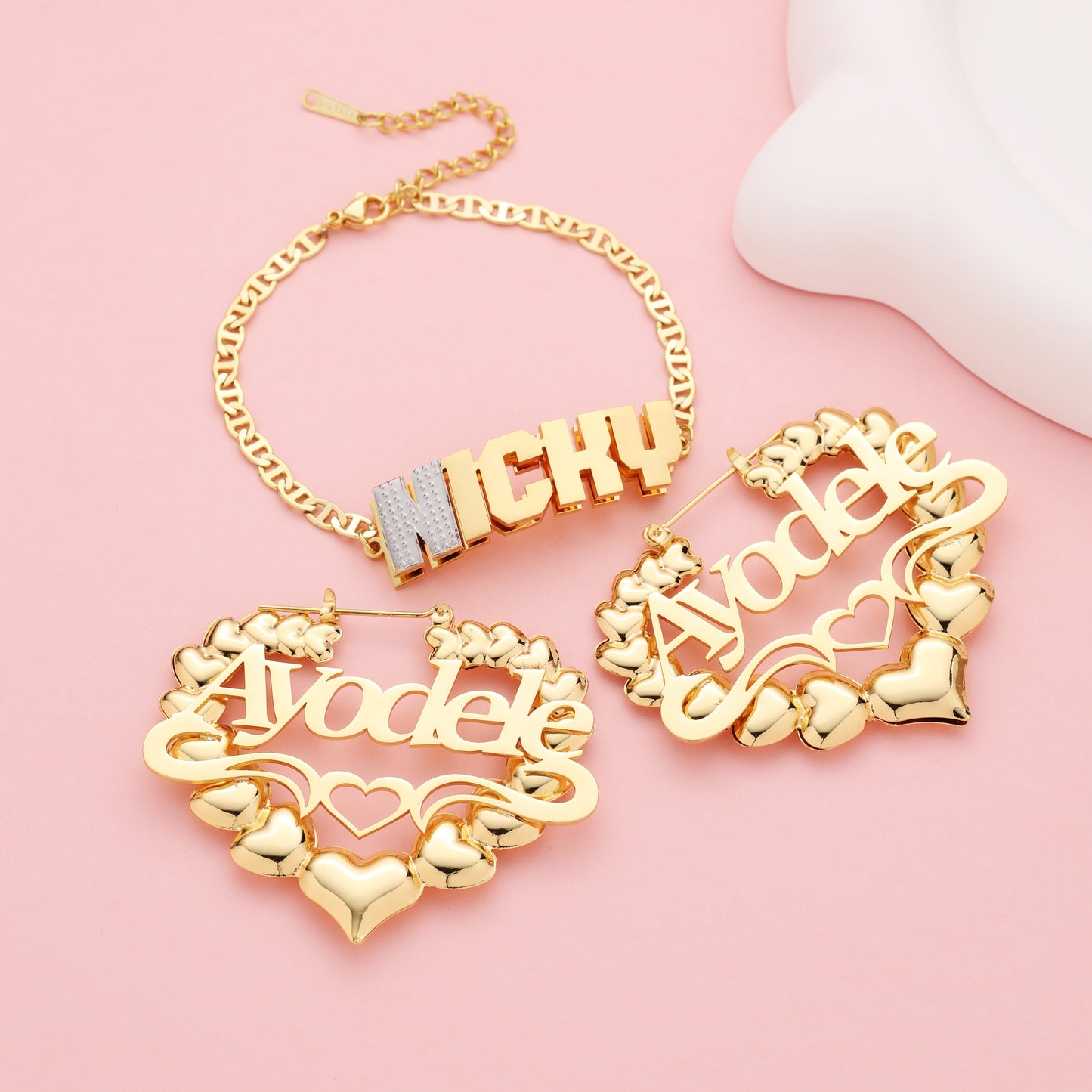 Custom Kids Name Bracelet and Heart Earrings Set