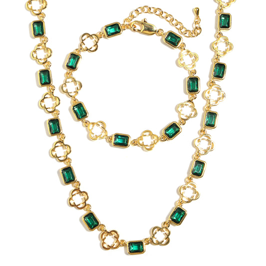 Green Gemstone Clover Necklace Set（ Necklace & Bracelet ）